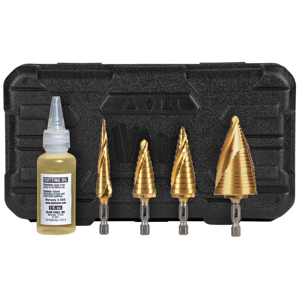 Klein Tools 25950 Step Bit Kit, Spiral Double-Fluted, Vaco, 4-Piece