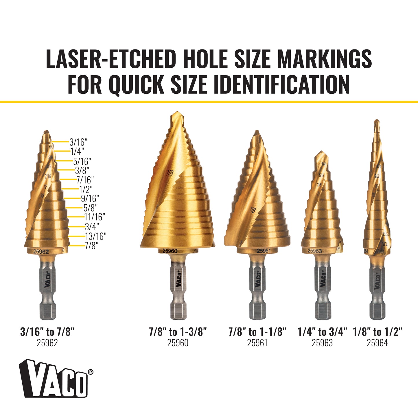 Klein Tools 25962 Step Drill Bit, Spiral Double-Fluted, 3/16-Inch To 7/8-Inch, Vaco