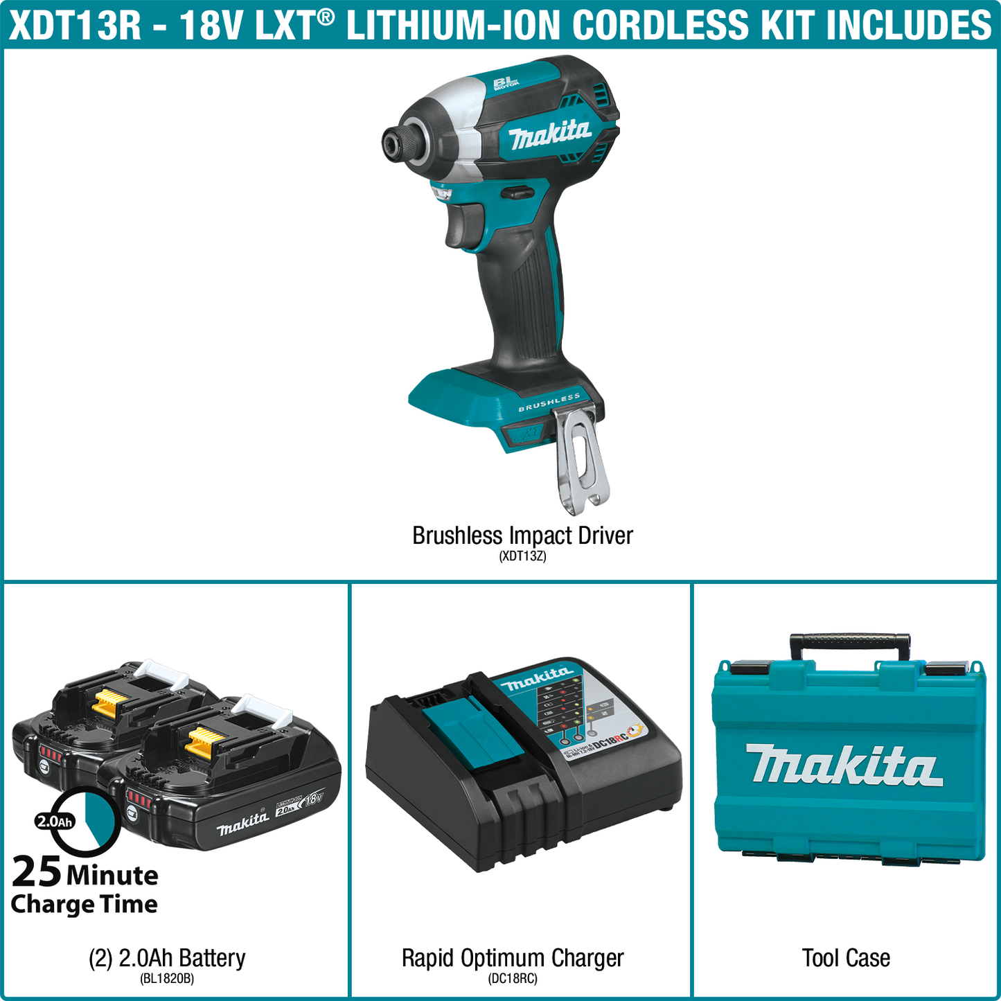 Makita XDT13R 18V LXT® Lithium‑Ion Compact Brushless Cordless Impact Driver Kit (2.0Ah)