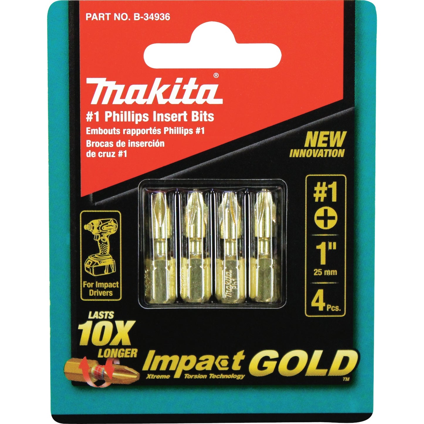 Makita B-34936 Impact GOLD® #1 Phillips Insert Bit, 4/pk