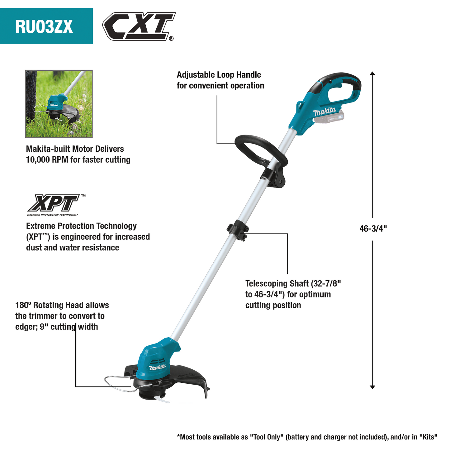 Makita RU03ZX 12V max CXT® Lithium‑Ion Cordless Trimmer w/ Nylon Blade, Tool Only