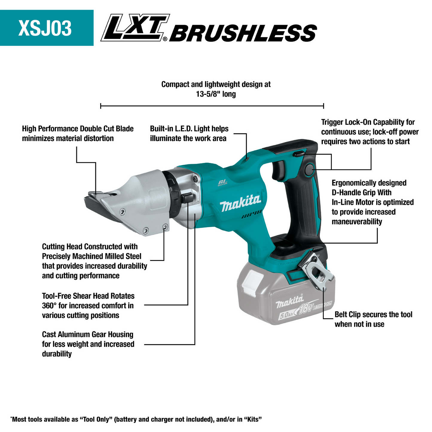 Makita XSJ03Z 18V LXT® Lithium‑Ion Brushless Cordless 14 Gauge Straight Shear, Tool Only