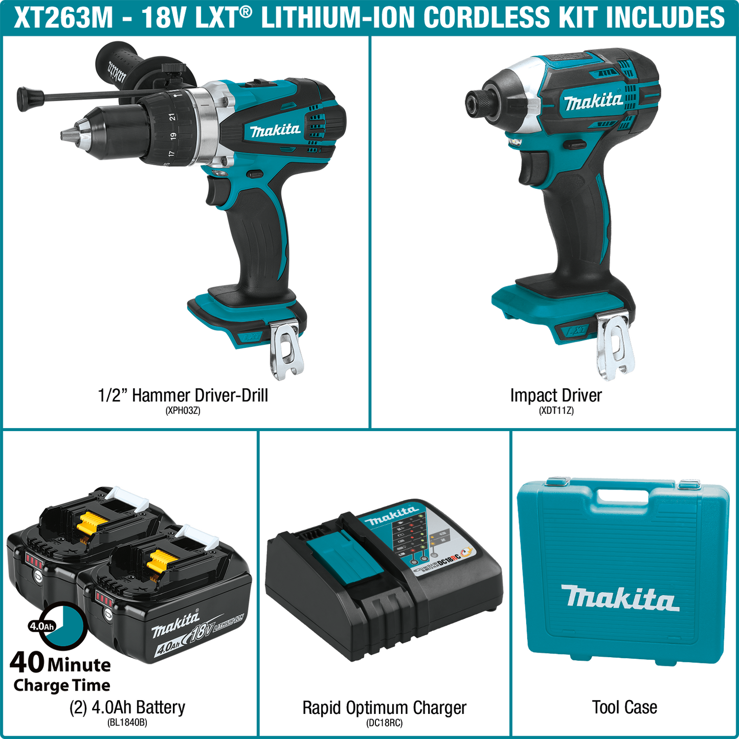 Makita XT263M 18V LXT® Lithium‑Ion Cordless 2‑Pc. Combo Kit (4.0Ah)