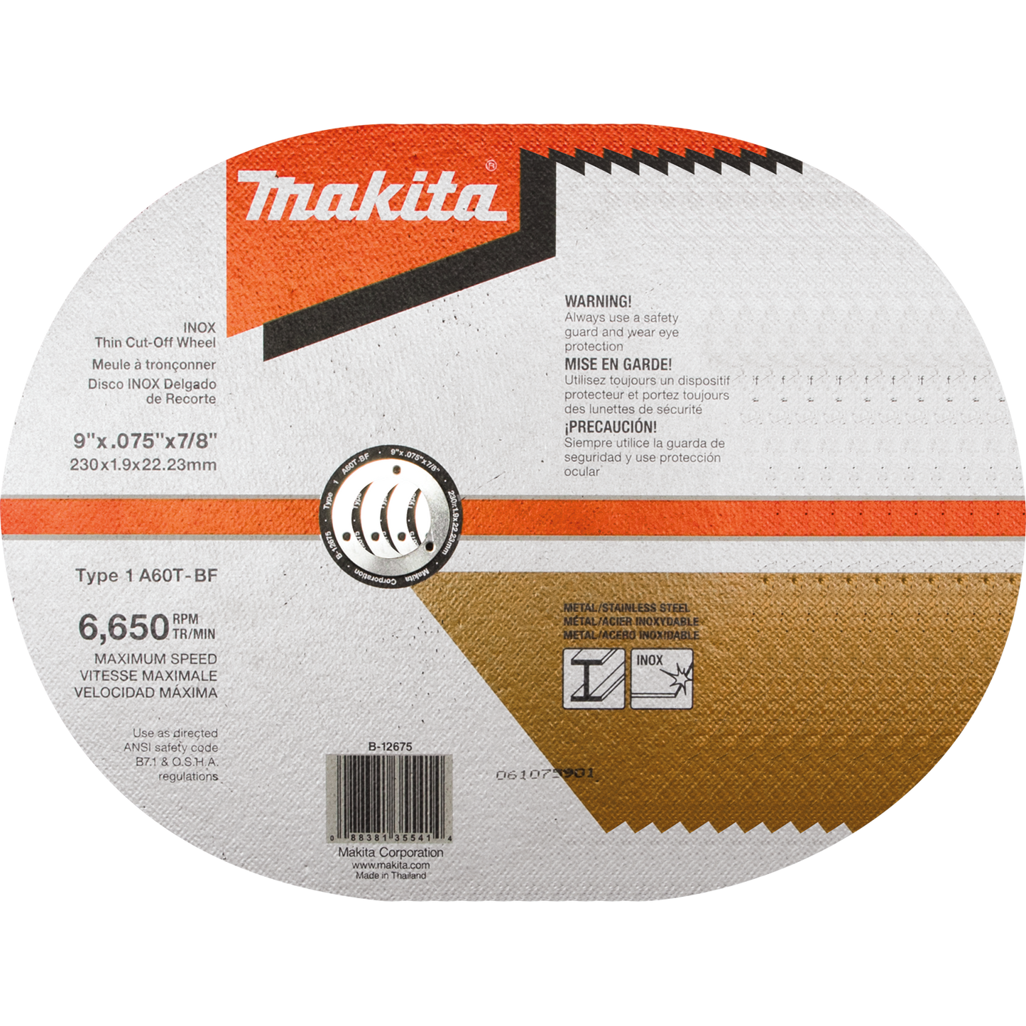 Makita B-12675-10 9" x .075" x 7/8" INOX Thin Cut‑Off Wheel, 60 Grit, 10/pk