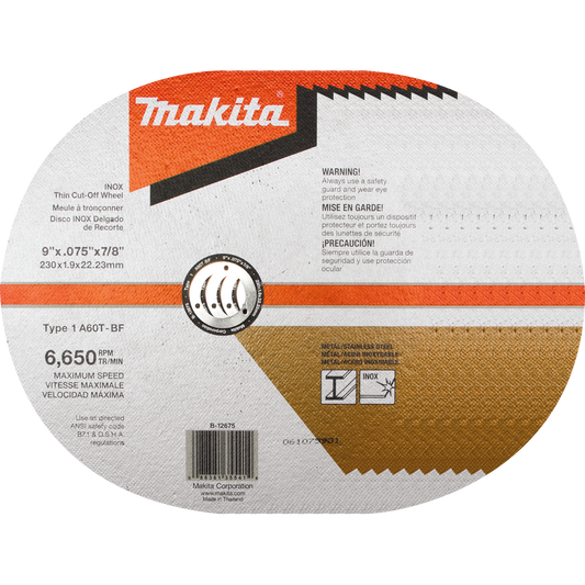 Makita B-12675-10 9" x .075" x 7/8" INOX Thin Cut‑Off Wheel, 60 Grit, 10/pk