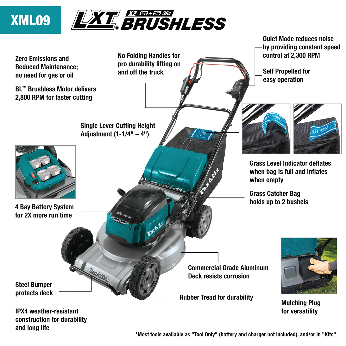 Makita XML09Z 36V (18V X2) LXT® Brushless 21" Self‑Propelled Commercial Lawn Mower, Tool Only