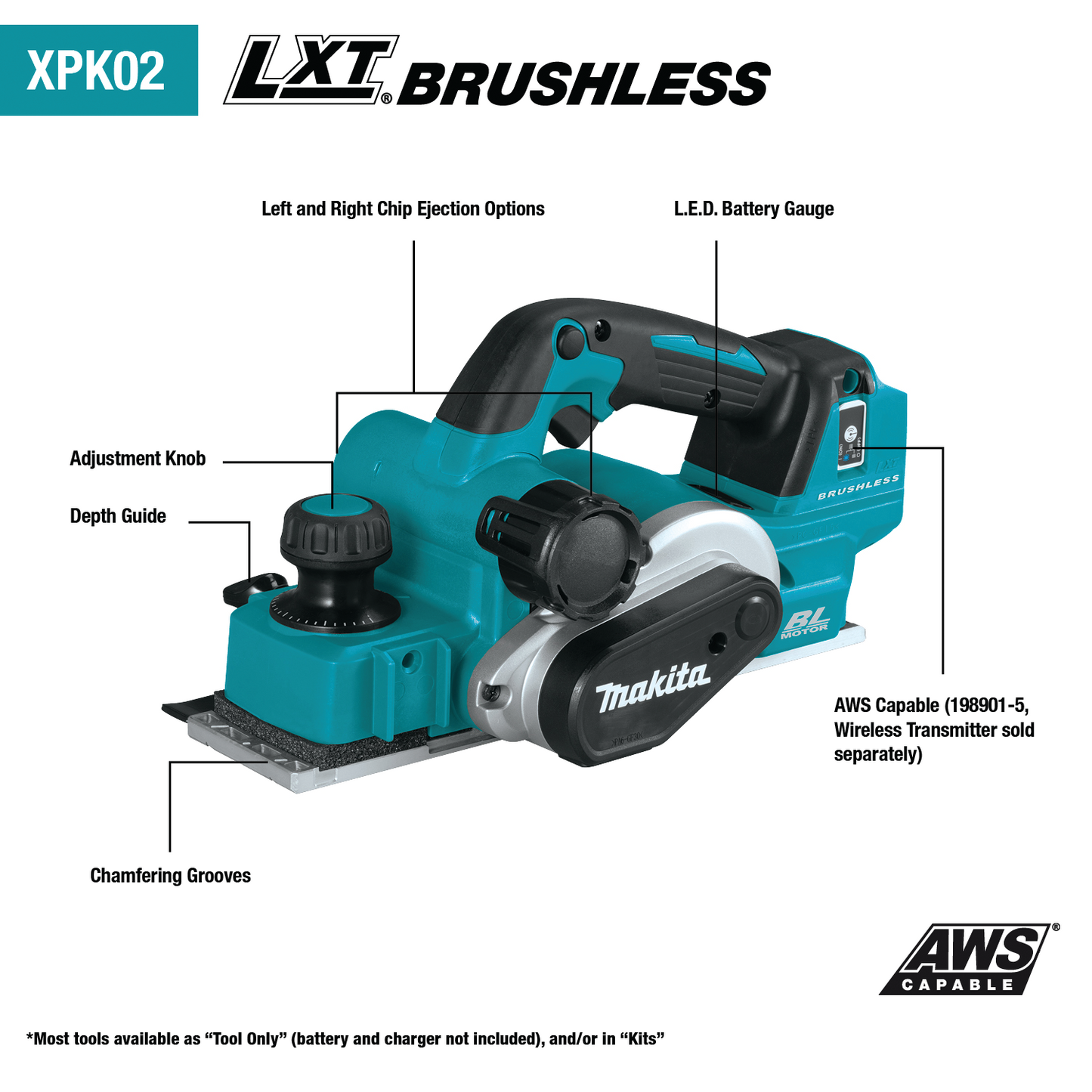 Makita XPK02Z 18V LXT® Lithium‑Ion Brushless Cordless 3‑1/4" Planer, AWS® Capable, Tool Only