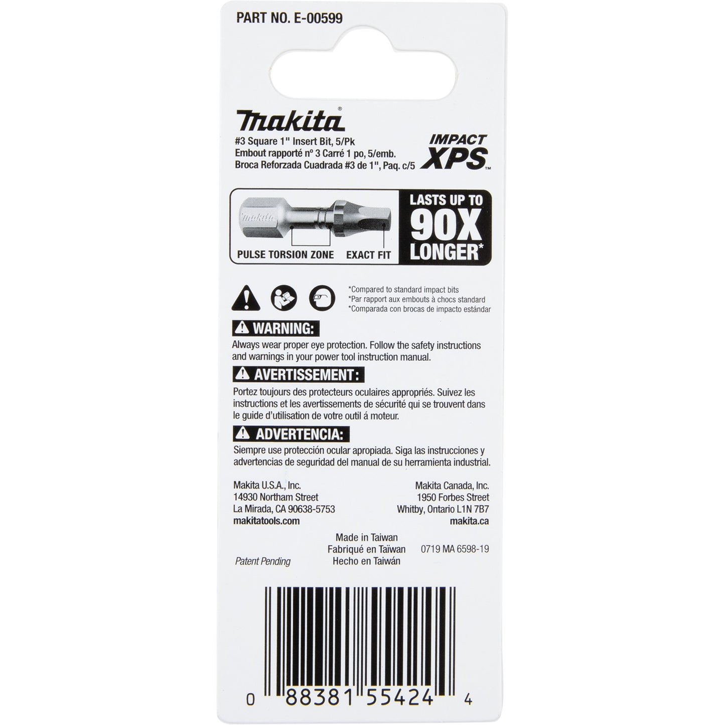 Makita E-00599 Impact XPS® #3 Square 1" Insert Bit, 5/pk