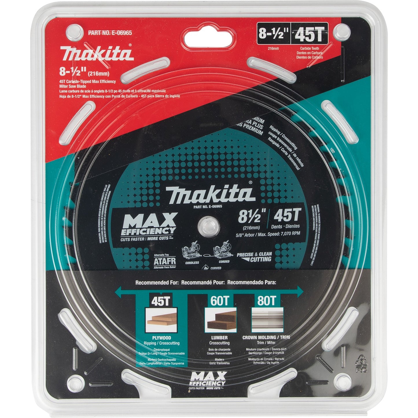 Makita E-06965 8‑1/2" 45T Carbide‑Tipped Max Efficiency Miter Saw Blade