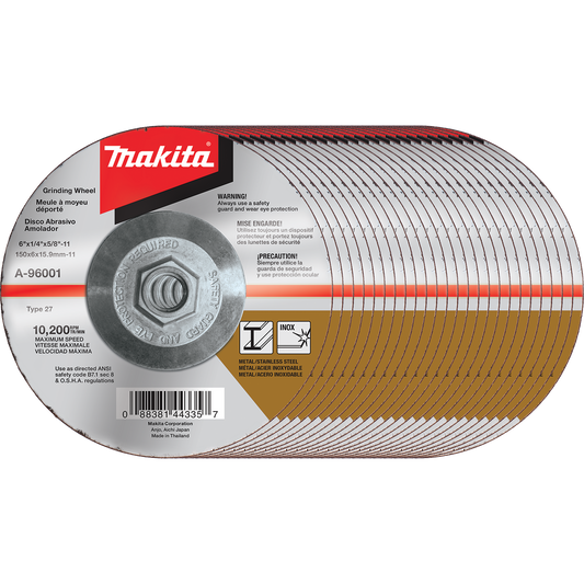 Makita A-96001-25 6" x 1/4" x 5/8‑11" Hubbed INOX Grinding Wheel, 36 Grit, 25/pk