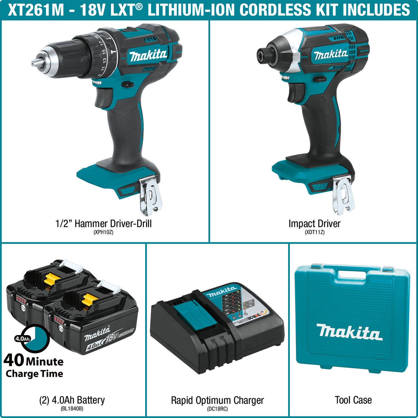 Makita XT261M 18V LXT® Lithium‑Ion Cordless 2‑Pc. Combo Kit (4.0Ah)