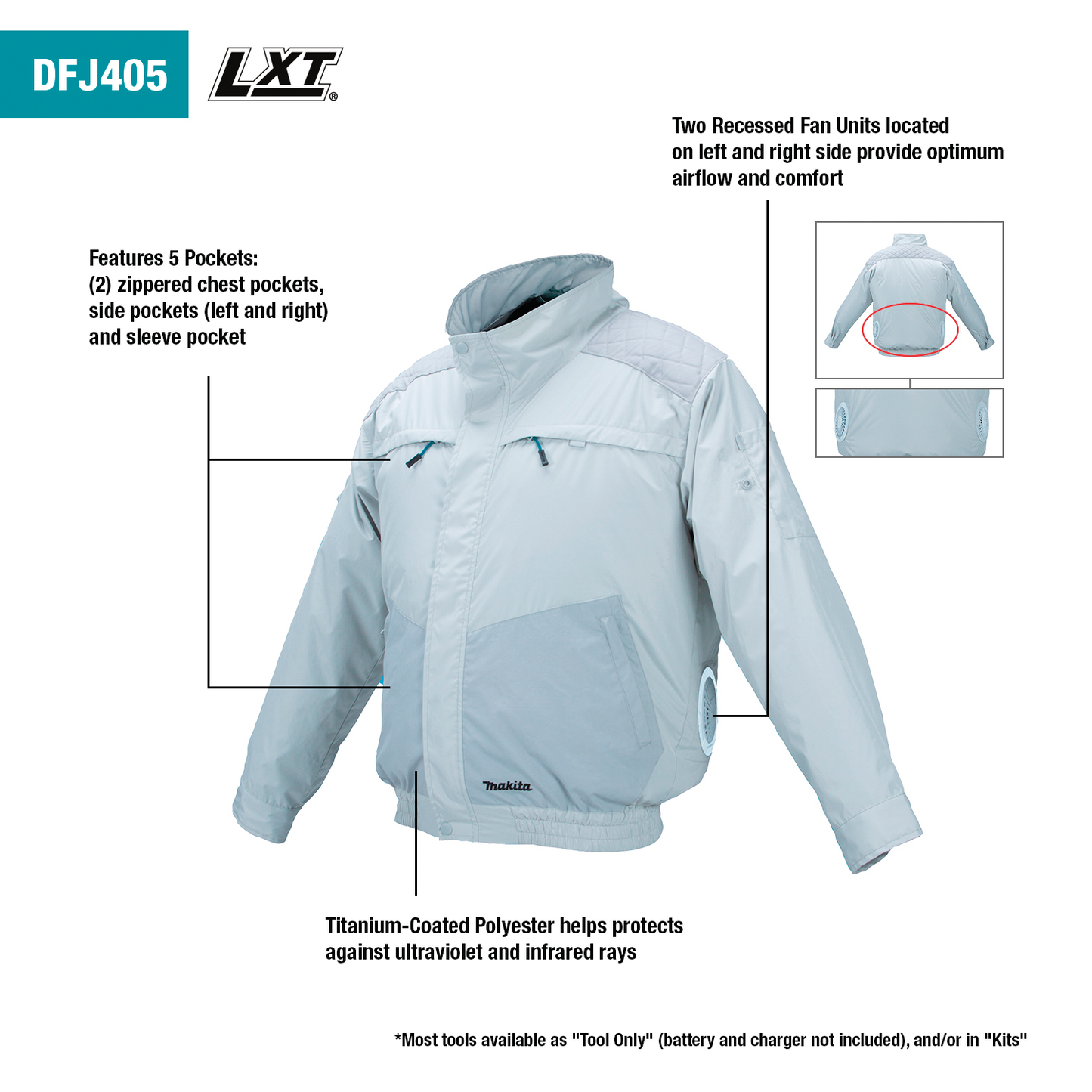 Makita DFJ405Z2XL 18V LXT® Lithium‑Ion Cordless UV Resistant Fan Jacket, Jacket Only (2XL)