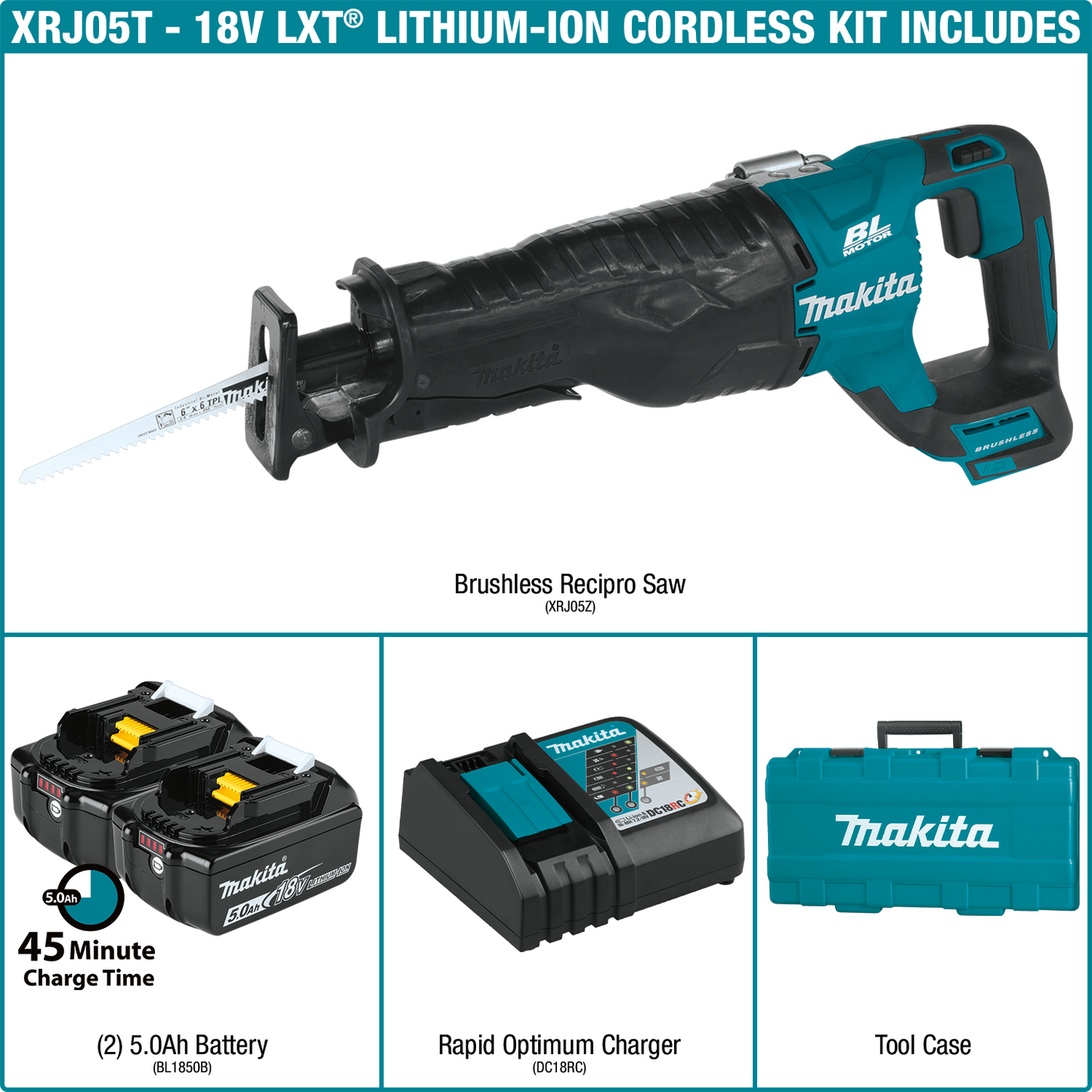 Makita XRJ05T 18V LXT® Lithium‑Ion Brushless Cordless Recipro Saw Kit (5.0Ah)