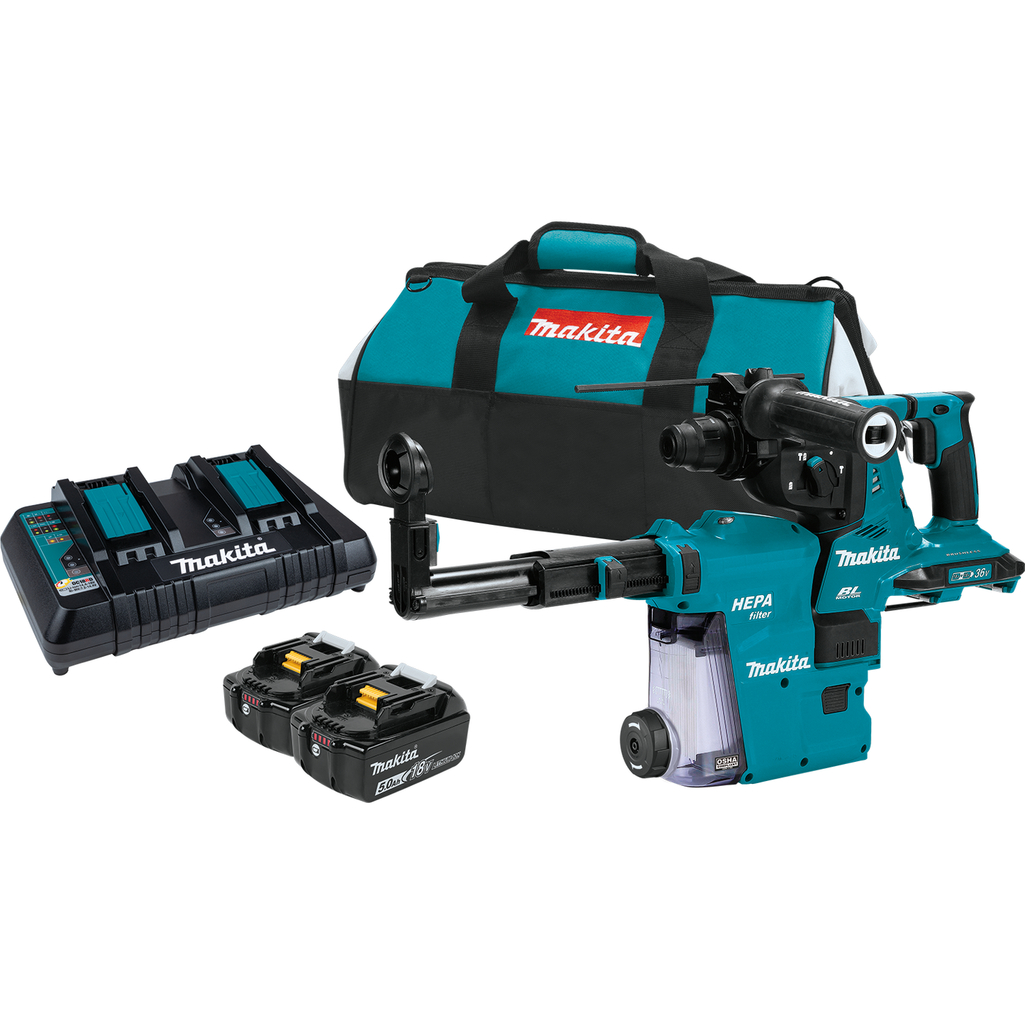 Makita XRH10PTW 36V (18V X2) LXT® Brushless 1‑1/8" SDS‑PLUS AVT® Rotary Hammer Kit, w/ HEPA Dust Extractor, AFT®, AWS® Capable (5.0Ah)