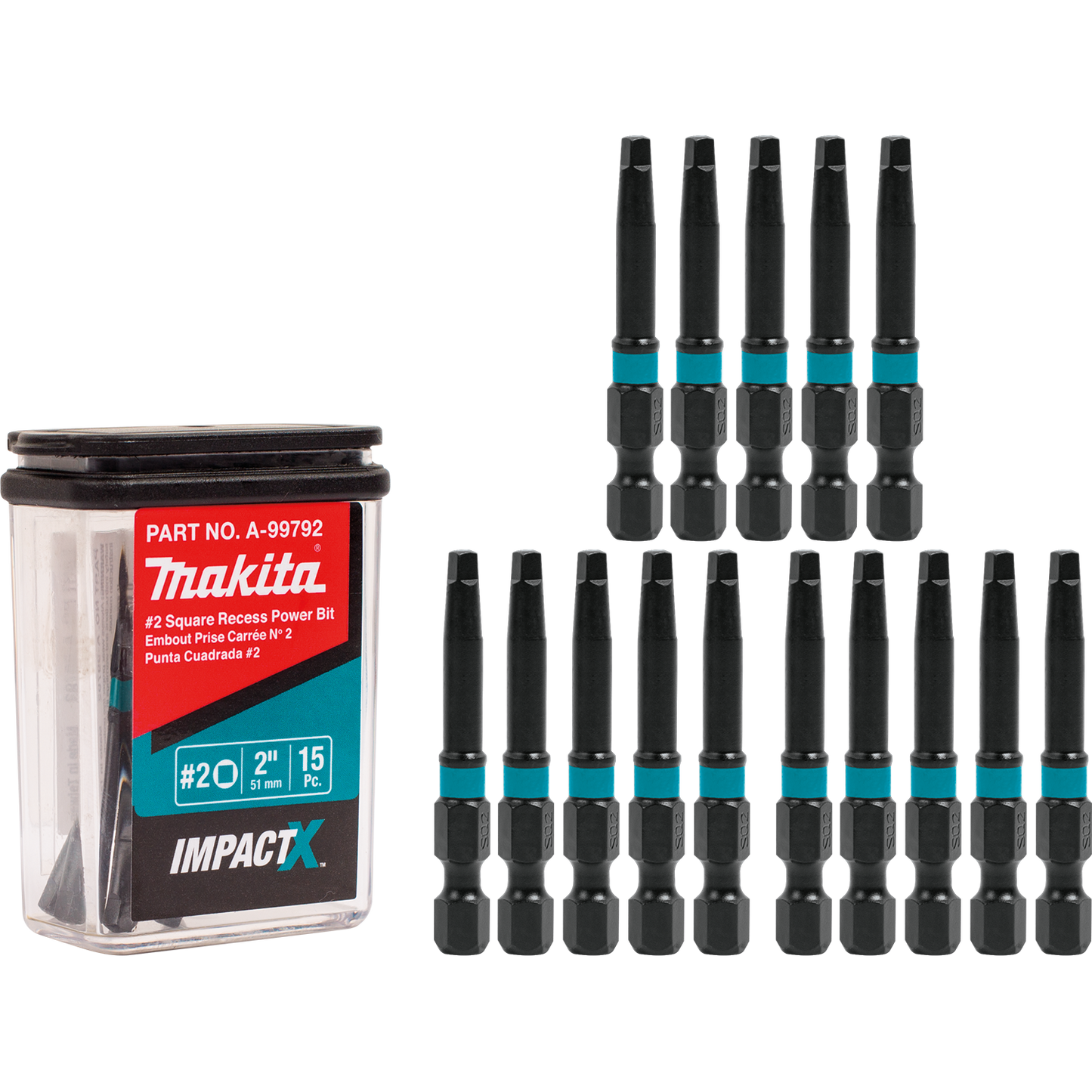 Makita A-99792 ImpactX™ #2 Square Recess 2″ Power Bit, 15/pk