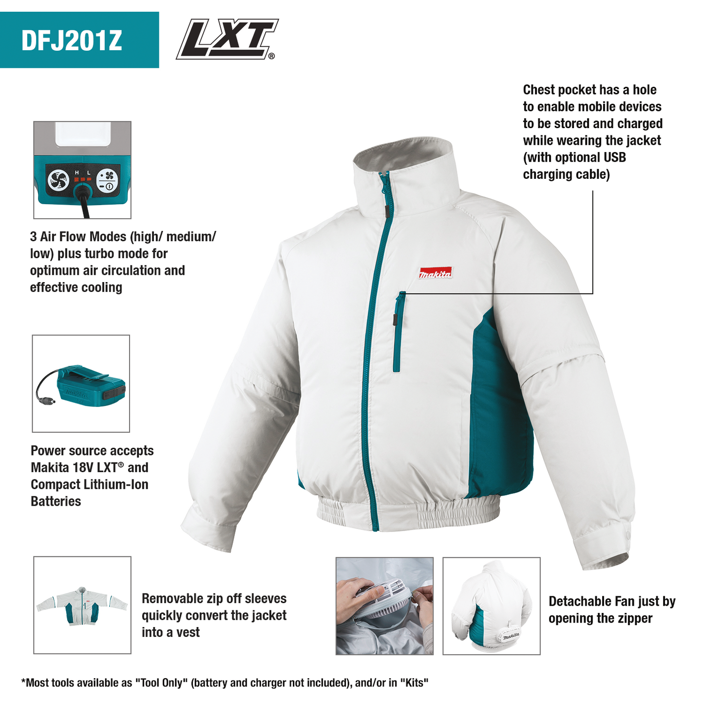 Makita DFJ201ZM 18V LXT® Lithium‑Ion Cordless Fan Jacket, Jacket Only (Medium)