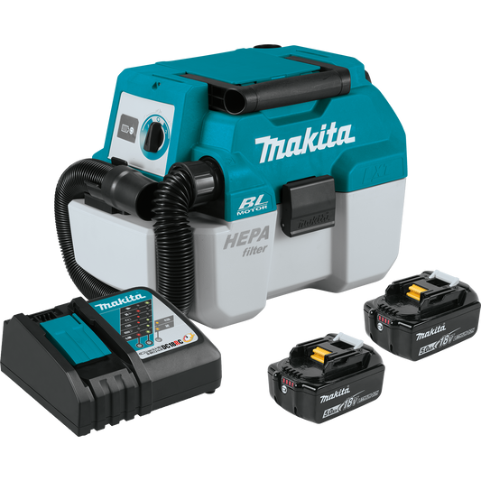 Makita XCV11T 18V LXT® Lithium‑Ion Brushless Cordless 2 Gallon HEPA Filter Portable Wet/Dry Dust Extractor/Vacuum Kit (5.0Ah)