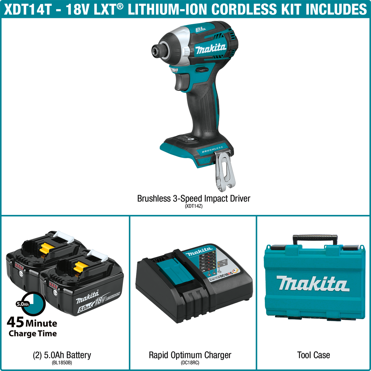 Makita XDT14T 18V LXT® Lithium‑Ion Brushless Cordless Quick‑Shift Mode™ 3‑Speed Impact Driver Kit (5.0Ah)