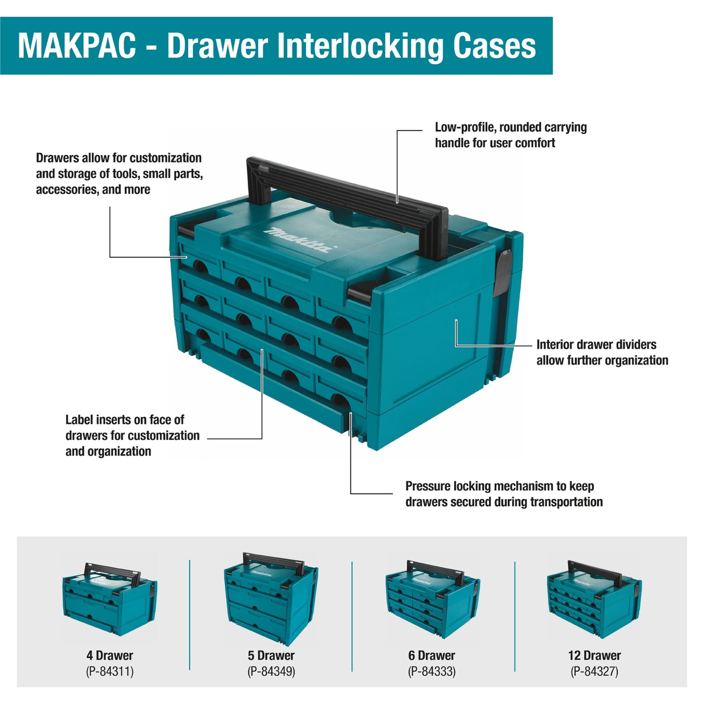 Makita P-84327 MAKPAC 12 Drawer Interlocking Case, 8‑1/2" x 15‑1/2" x 11‑5/8"