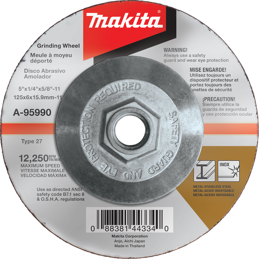 Makita A-95990 5" x 1/4" x 5/8‑11" Hubbed INOX Grinding Wheel, 36 Grit