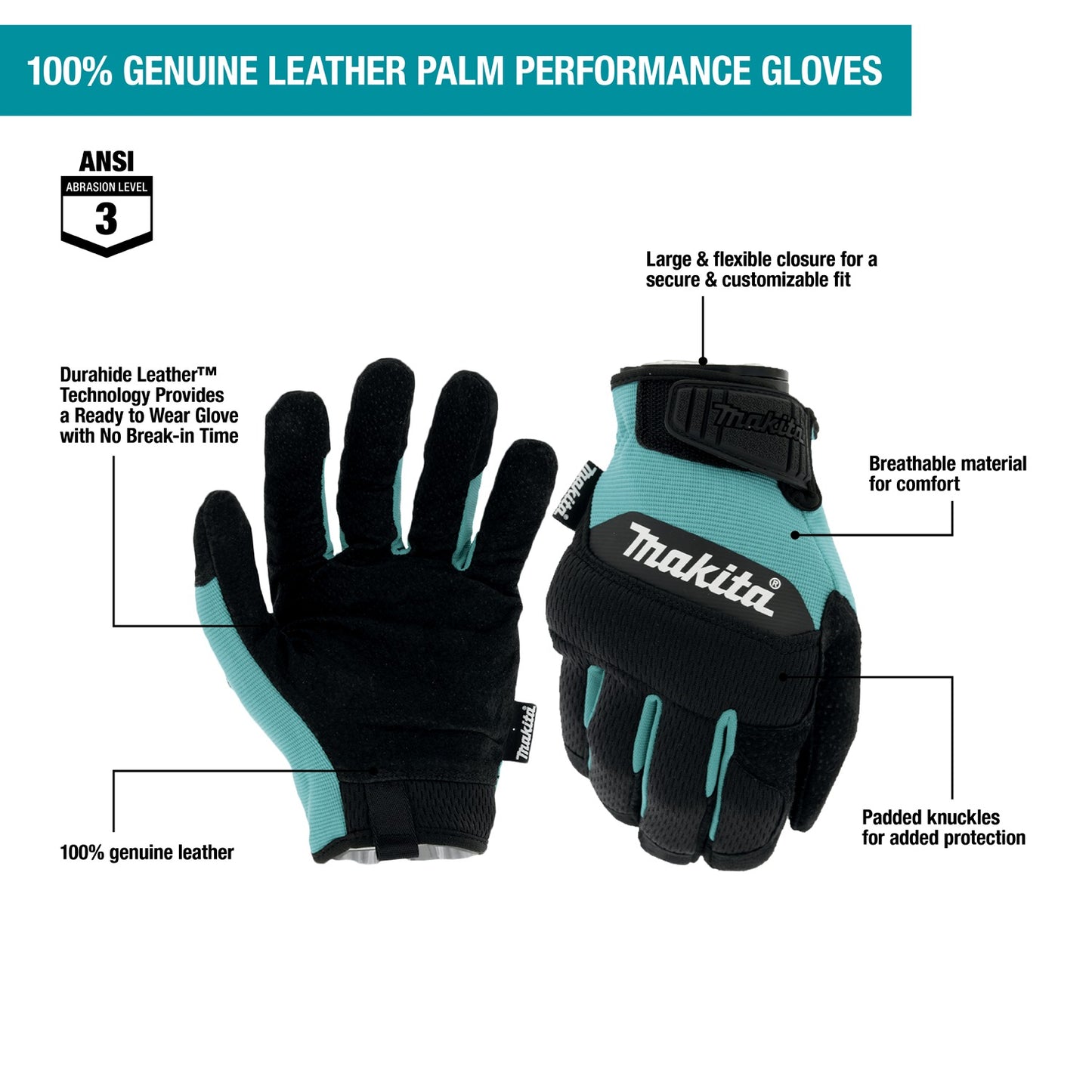Makita T-04226 100% Genuine Leather‑Palm Performance Gloves (Large)