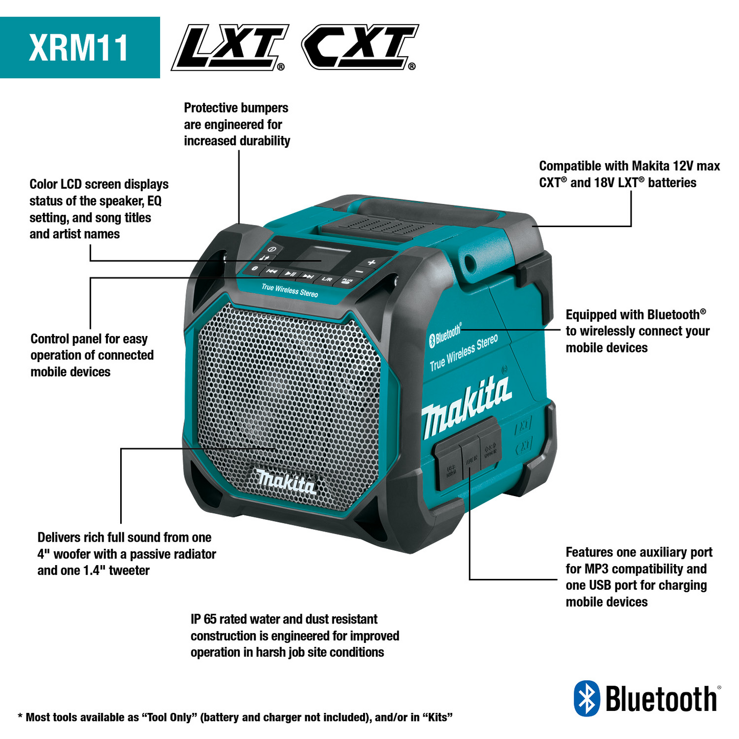 Makita XRM11 18V LXT® / 12V max CXT® Lithium‑Ion Cordless/Corded Bluetooth® Job Site Speaker, Tool Only