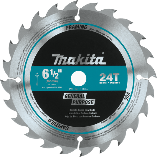 Makita A-85092 6‑1/2" 24T Carbide‑Tipped Circular Saw Blade, General Purpose