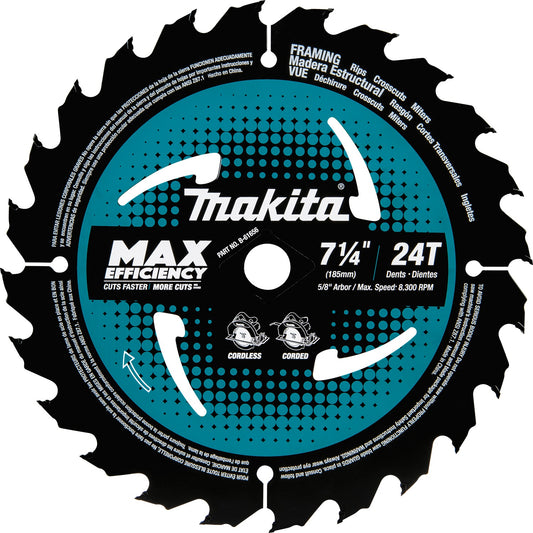 Makita B-61656 7‑1/4" 24T Carbide‑Tipped Max Efficiency Circular Saw Blade, Framing