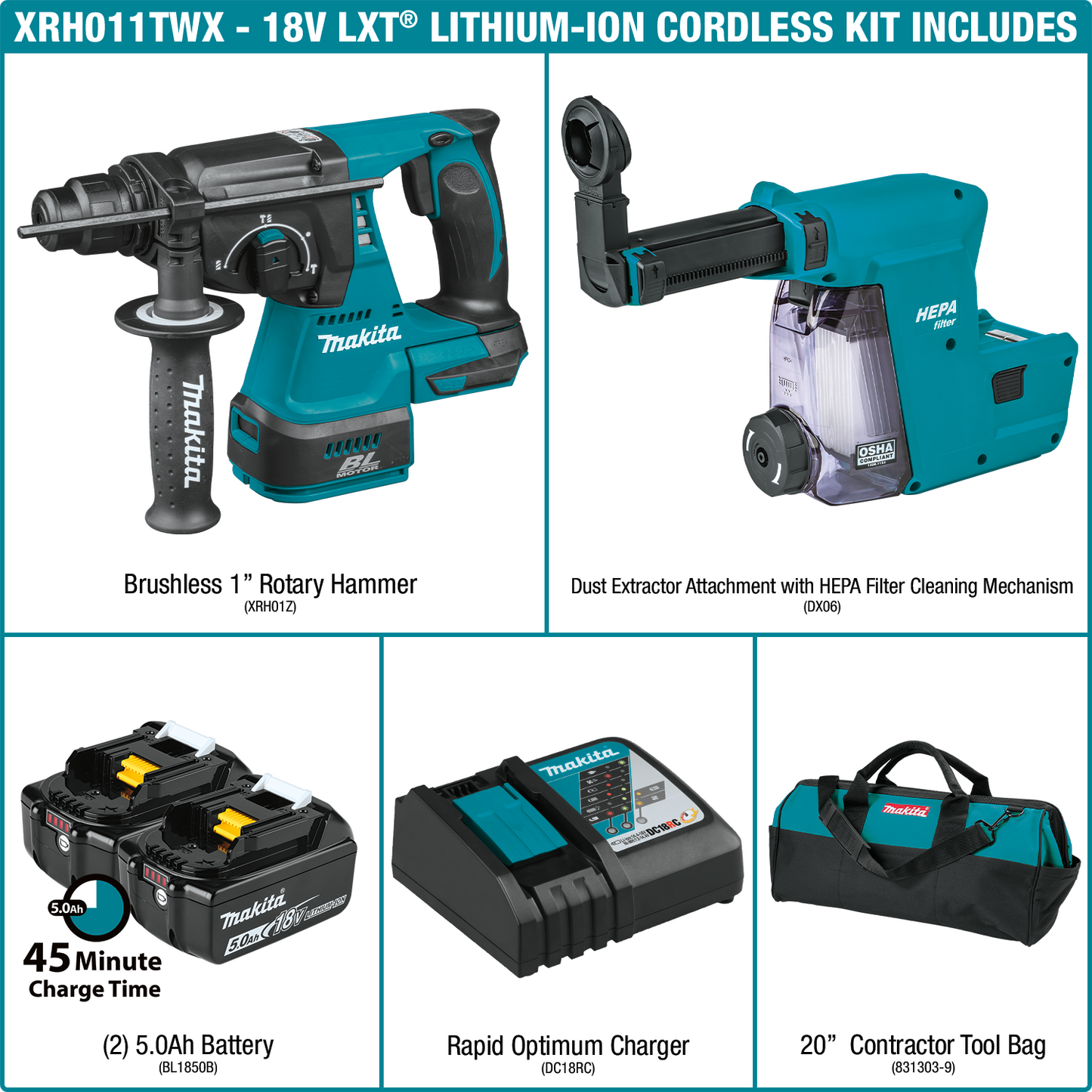 Makita XRH011TWX 18V LXT® Lithium‑Ion Brushless Cordless 1" SDS‑PLUS Rotary Hammer Kit, w/ HEPA Dust Extractor Attachment (5.0Ah)