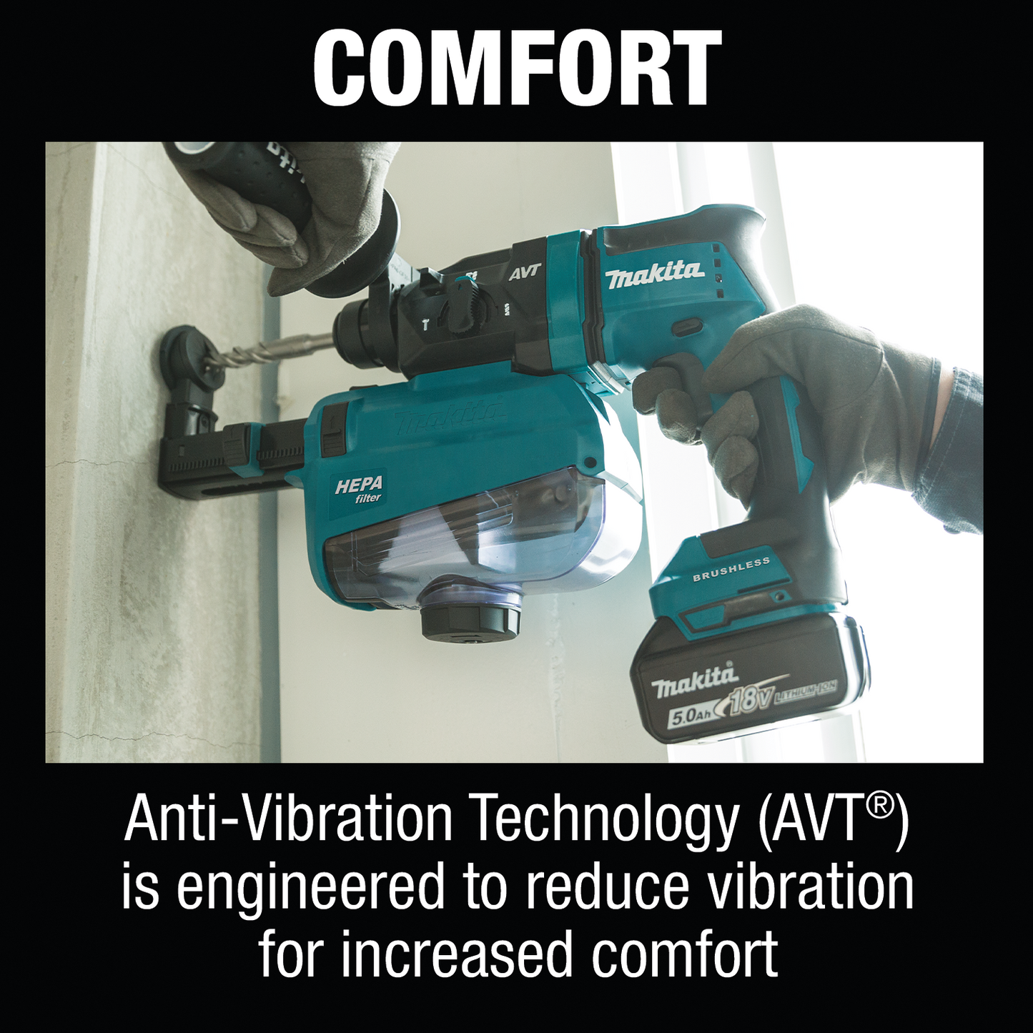 Makita XRH12TW 18V LXT® Lithium‑Ion Brushless Cordless 11/16" SDS‑PLUS AVT® Rotary Hammer Kit, w/ HEPA Dust Extractor, AWS® Capable (5.0Ah)