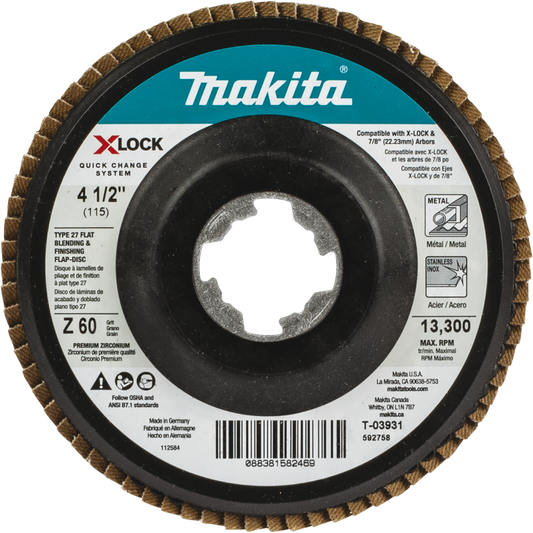 Makita T-03931 X‑LOCK 4‑1/2" 60 Grit Type 27 Flat Blending and Finishing Flap Disc for X‑LOCK and All 7/8" Arbor Grinders