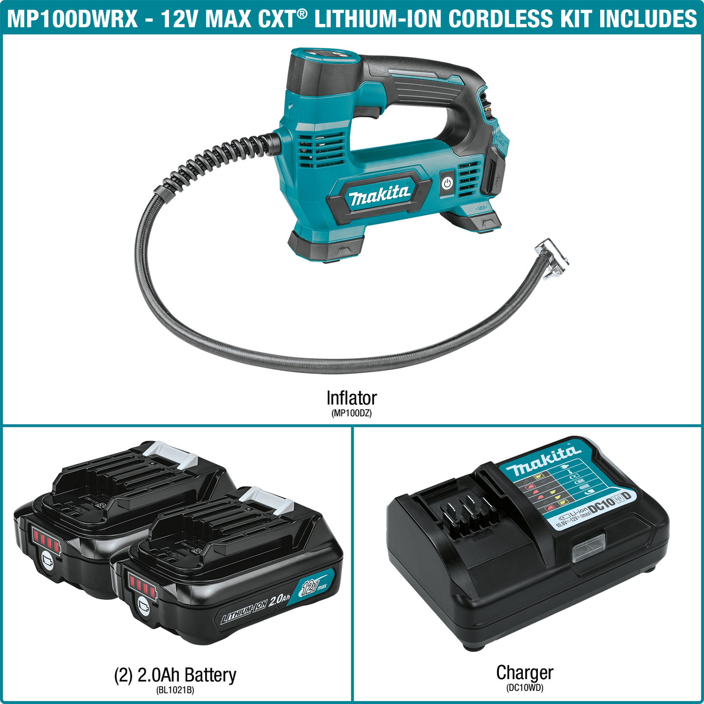 Makita MP100DWRX1 12V max CXT® Lithium‑Ion Cordless Inflator Kit (2.0Ah)