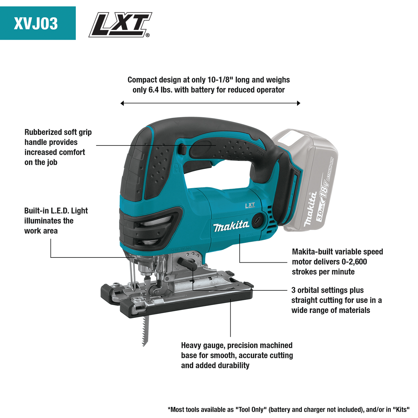 Makita XVJ03Z 18V LXT® Lithium‑Ion Cordless Jig Saw, Tool Only