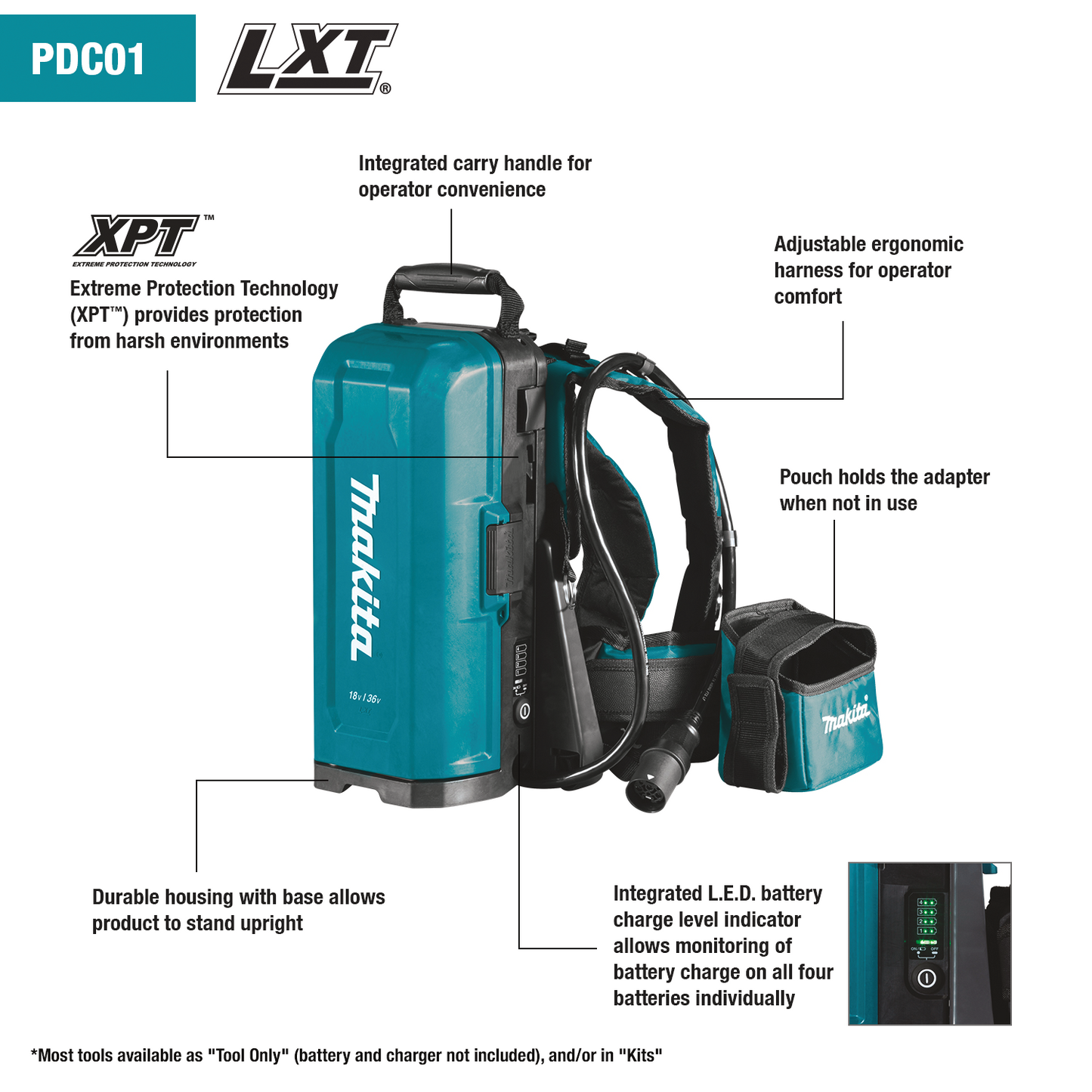 Makita PDC01G6 ConnectX™, LXT®, LXT® X2 and XGT® Portable Backpack Power Supply with 6 Batteries (6.0Ah)