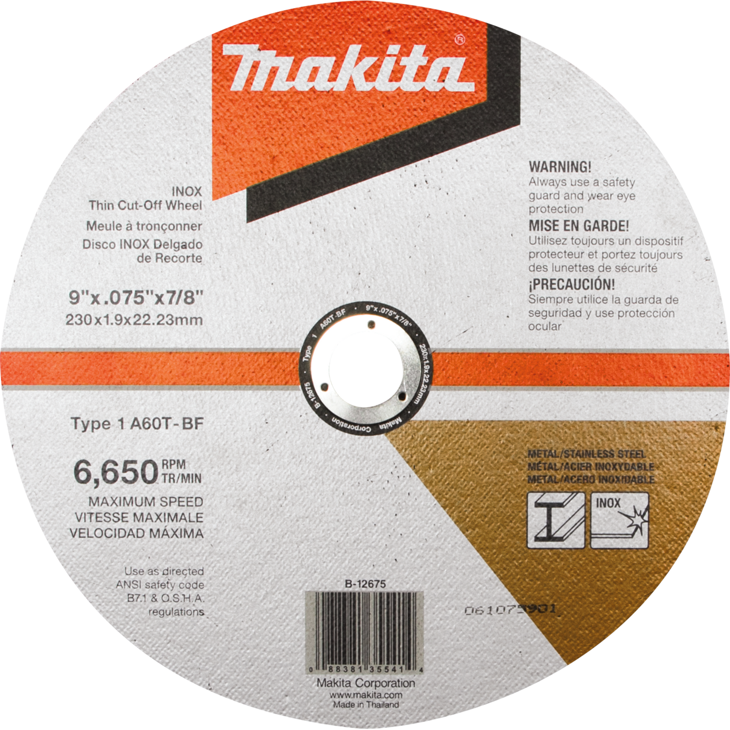 Makita B-12675 9" x .075" x 7/8" INOX Thin Cut‑Off Wheel, 60 Grit