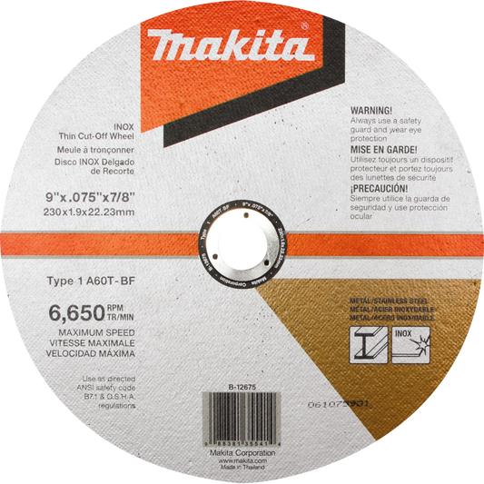 Makita B-12675 9" x .075" x 7/8" INOX Thin Cut‑Off Wheel, 60 Grit