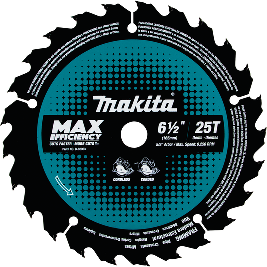 Makita B-62963 6‑1/2" 25T Carbide‑Tipped Max Efficiency Circular Saw Blade, Framing