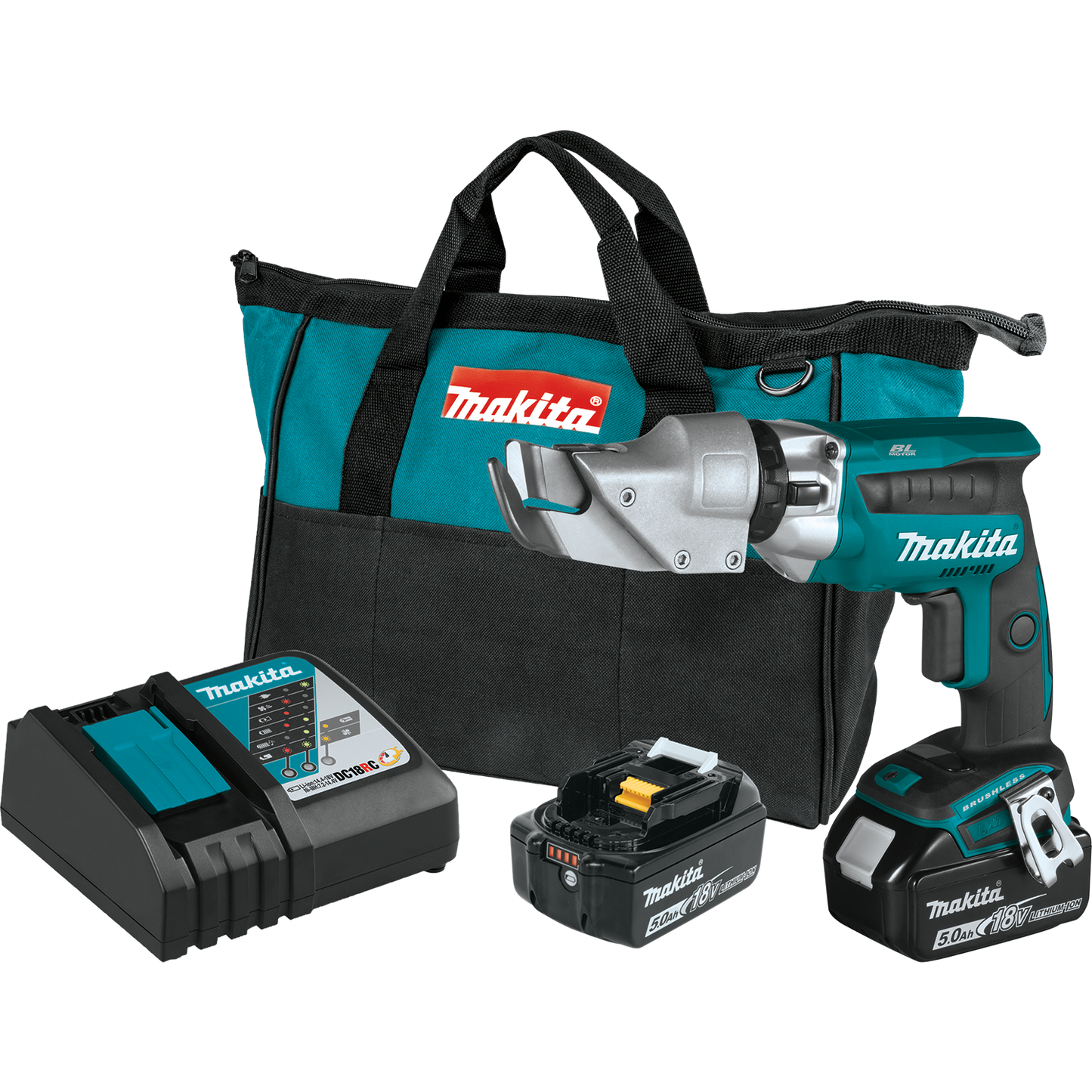 Makita XSJ04T 18V LXT® Lithium‑Ion Brushless Cordless 18 Gauge Offset Shear Kit (5.0Ah)