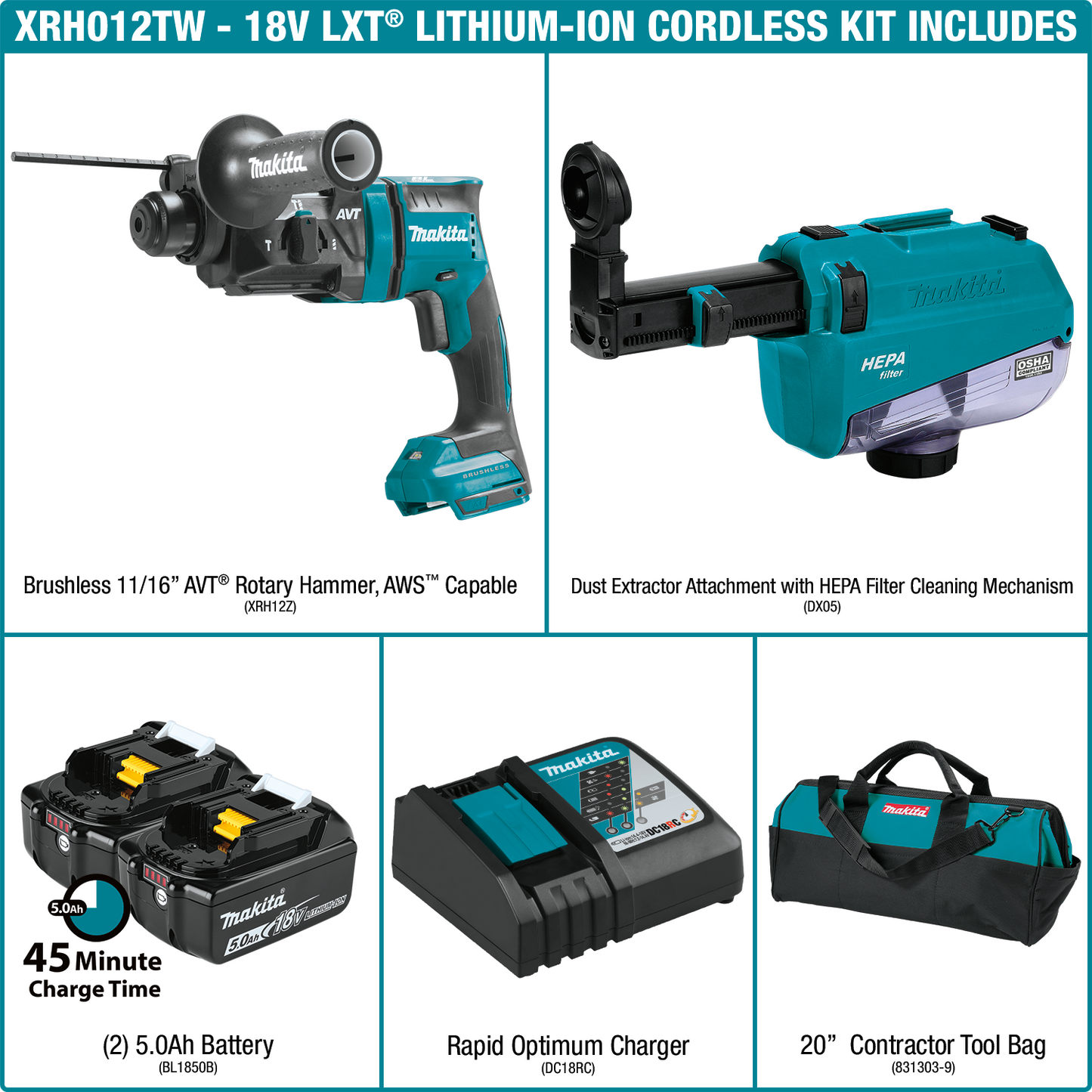 Makita XRH12TW 18V LXT® Lithium‑Ion Brushless Cordless 11/16" SDS‑PLUS AVT® Rotary Hammer Kit, w/ HEPA Dust Extractor, AWS® Capable (5.0Ah)