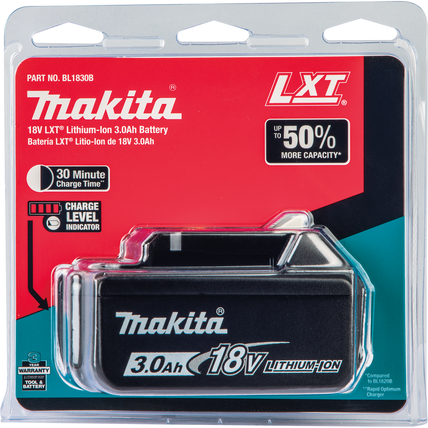 Makita BL1830B 18V LXT® Lithium‑Ion 3.0Ah Battery