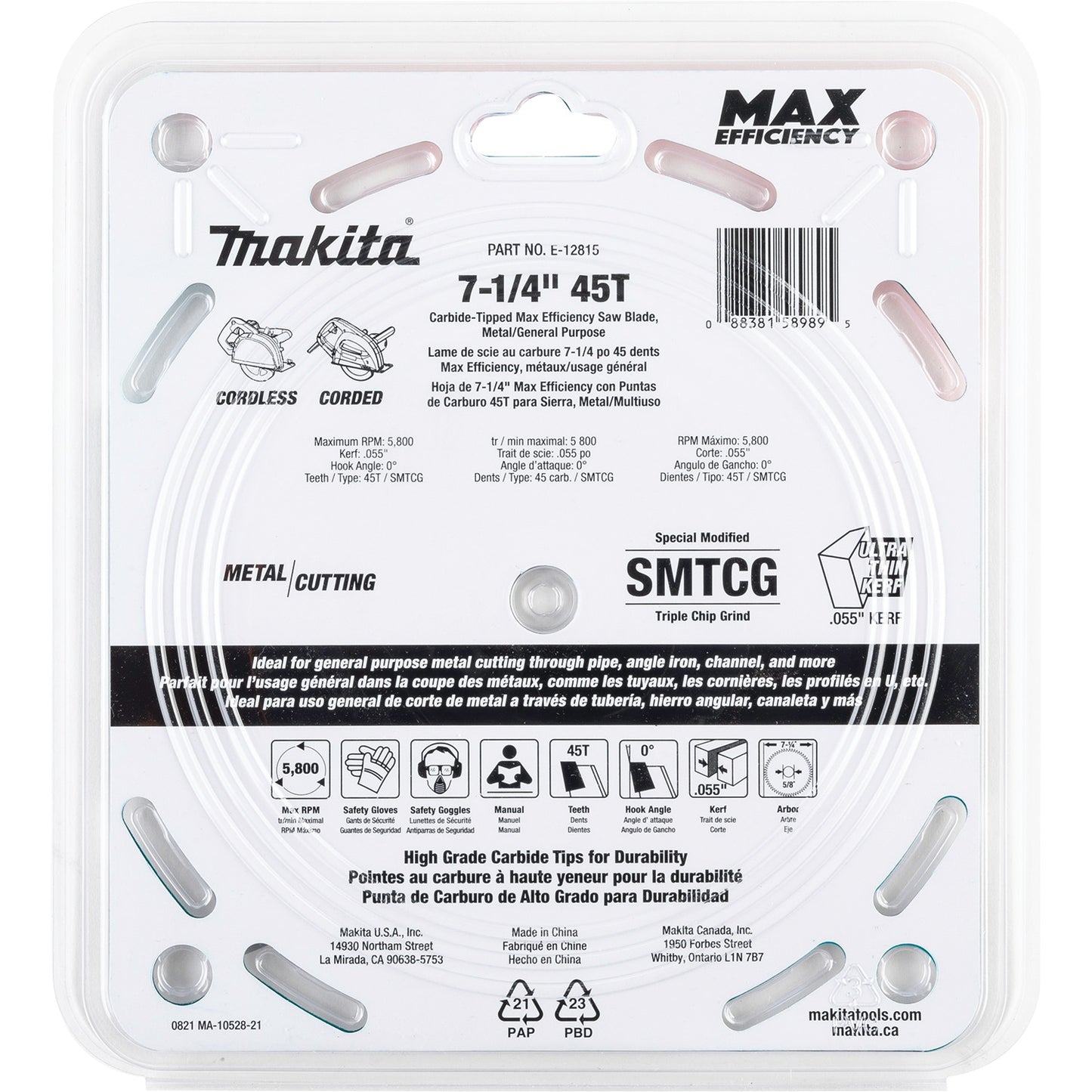 Makita E-12815 7‑1/4" 45T Carbide‑Tipped Max Efficiency Saw Blade, Metal/General Purpose