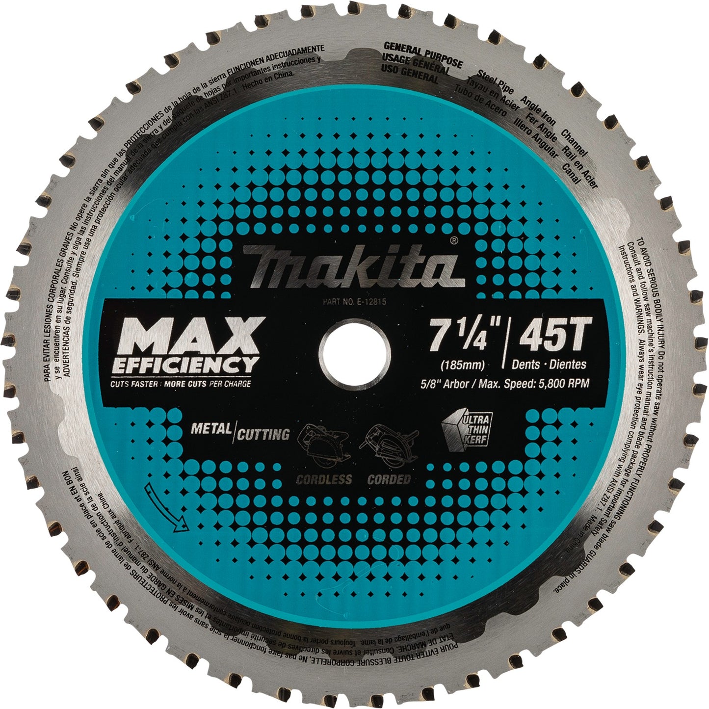 Makita E-12815 7‑1/4" 45T Carbide‑Tipped Max Efficiency Saw Blade, Metal/General Purpose