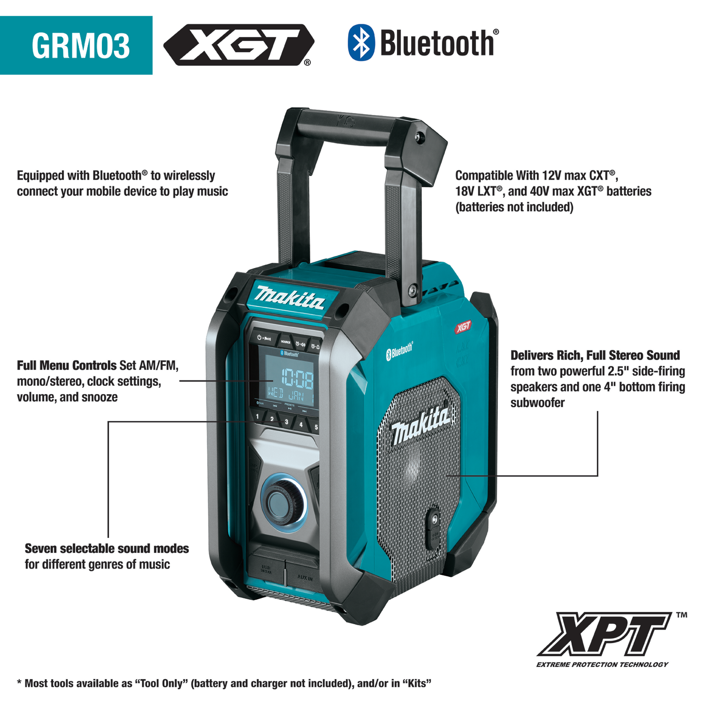 Makita GRM03 40V max XGT® Cordless/Corded Bluetooth® Job Site Radio, Tool Only