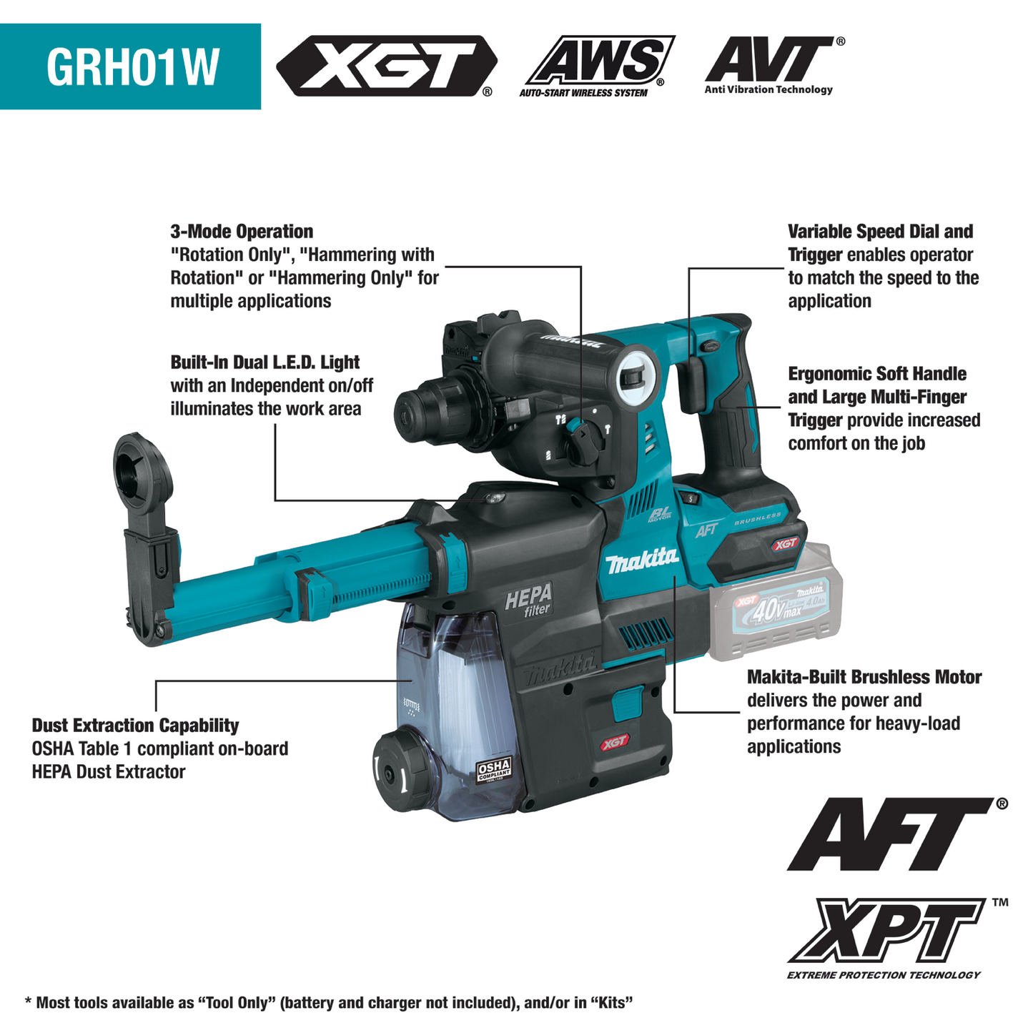 Makita GRH01ZW 40V max XGT® Brushless Cordless 1‑1/8" SDS‑PLUS AVT® Rotary Hammer w/ Dust Extractor, AFT®, AWS® Capable, Tool Only