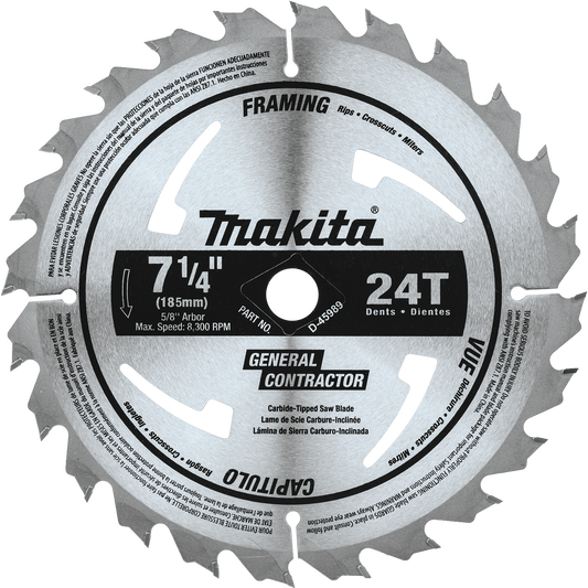 Makita D-45989 7‑1/4" 24T Carbide‑Tipped Circular Saw Blade, Framing/General Purpose