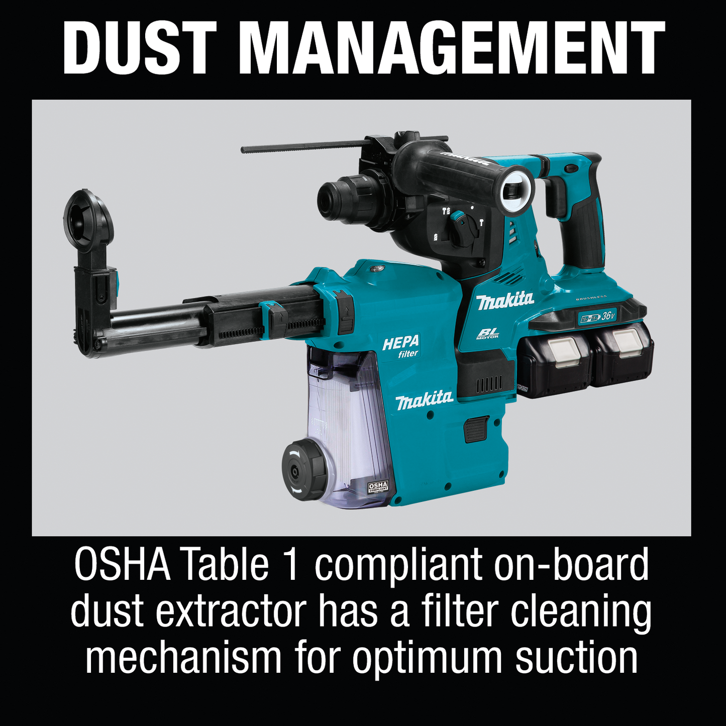 Makita XRH10PTW 36V (18V X2) LXT® Brushless 1‑1/8" SDS‑PLUS AVT® Rotary Hammer Kit, w/ HEPA Dust Extractor, AFT®, AWS® Capable (5.0Ah)