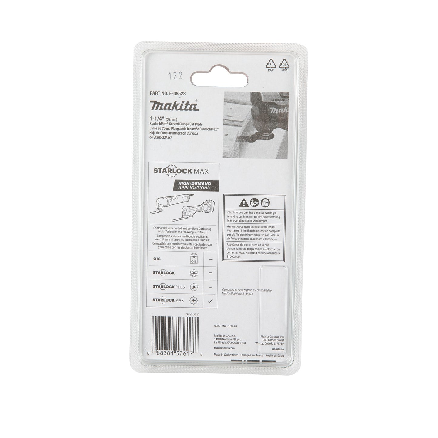Makita E-08523 StarlockMax® Oscillating Multi‑Tool 1‑1/4" Bi‑Metal Curved Plunge Cut Blade