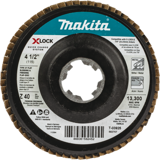Makita T-03925 X‑LOCK 4‑1/2" 40 Grit Type 27 Flat Blending and Finishing Flap Disc for X‑LOCK and All 7/8" Arbor Grinders