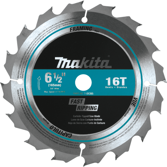 Makita T-01395 6‑1/2" 16T Carbide‑Tipped Circular Saw Blade, Framing