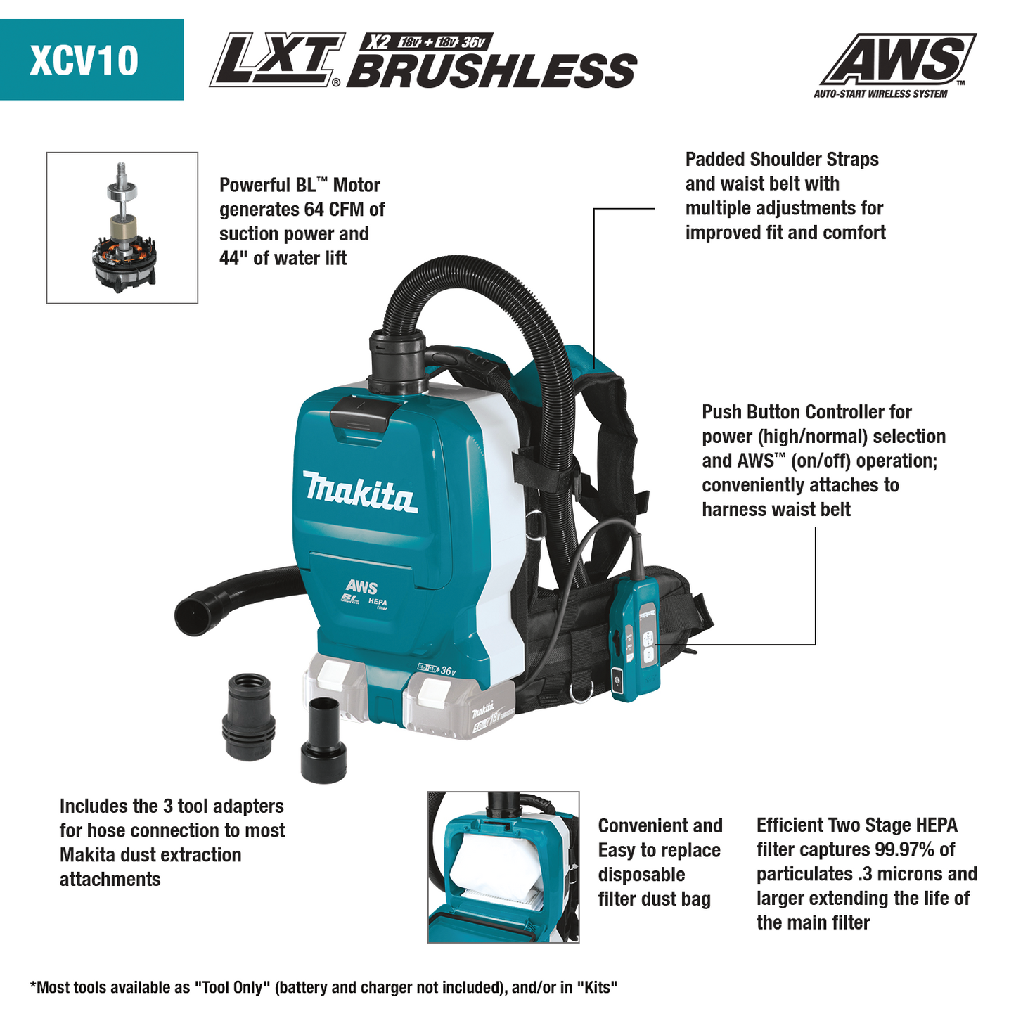 Makita XCV10PTX 36V (18V X2) LXT® Brushless 1/2 Gallon HEPA Filter Backpack Dry Dust Extractor Kit, AWS® Capable (5.0Ah)